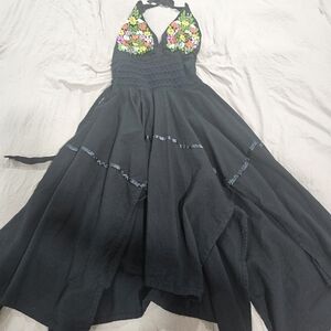 Elegant Black Halter Dress with Floral Accents